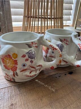Anthropologie White Ceramic Mug Pair with Orange & Purple Floral Motif
